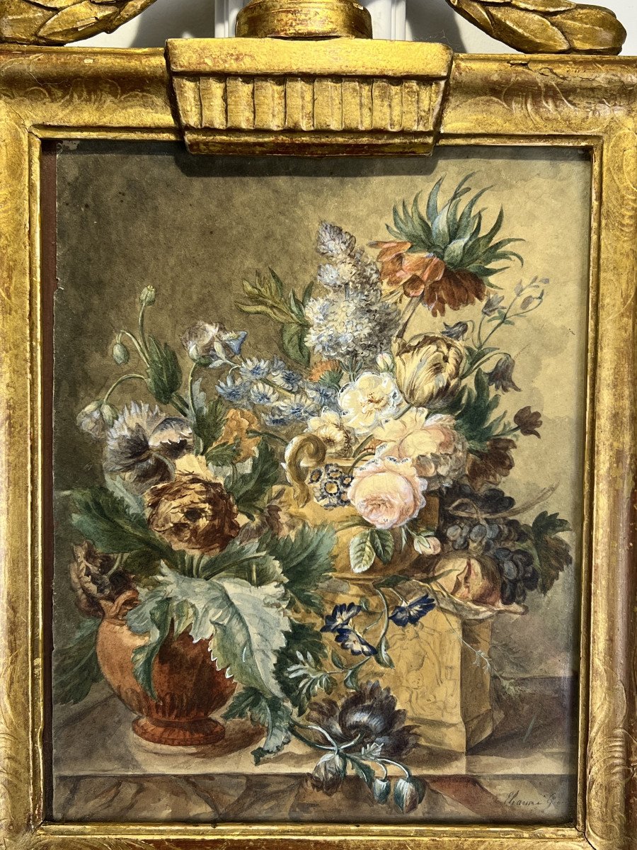 18th Century Frame In Carved And Gilded Wood And 18th Century Watercolor With Floral Decor Signed-photo-4