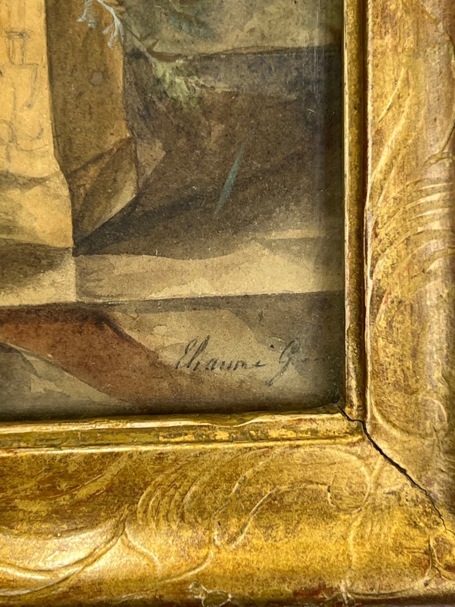 18th Century Frame In Carved And Gilded Wood And 18th Century Watercolor With Floral Decor Signed-photo-2