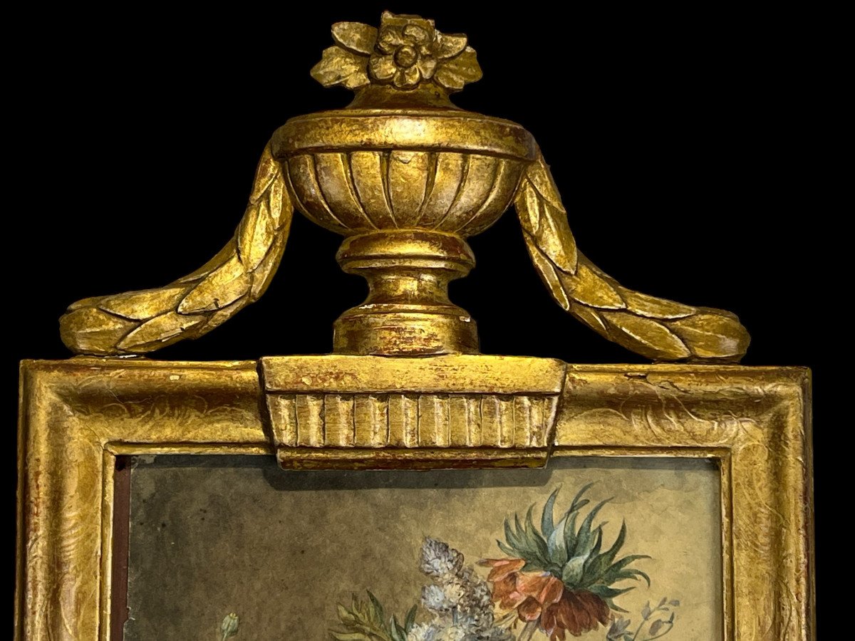 18th Century Frame In Carved And Gilded Wood And 18th Century Watercolor With Floral Decor Signed-photo-4