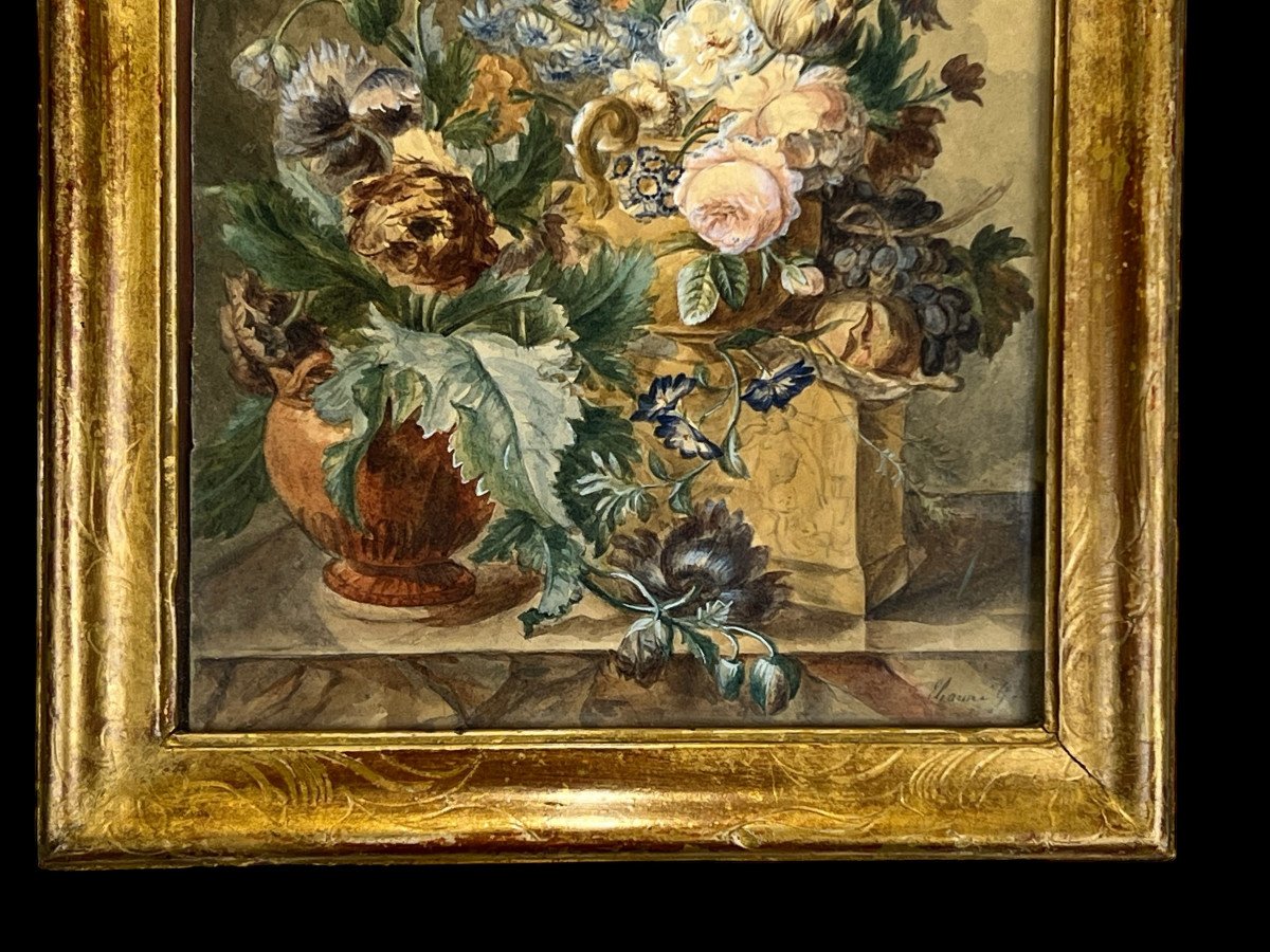 18th Century Frame In Carved And Gilded Wood And 18th Century Watercolor With Floral Decor Signed-photo-5