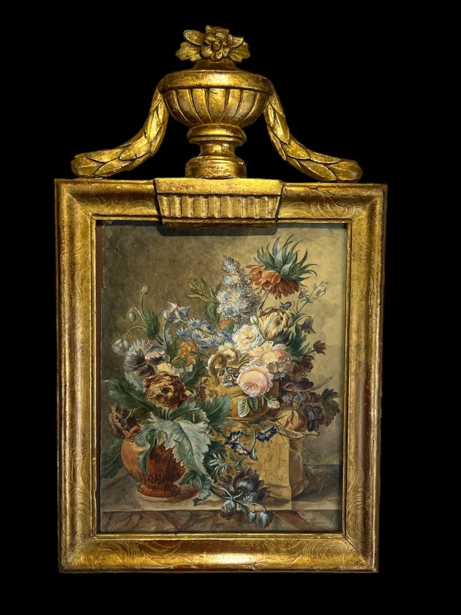 18th Century Frame In Carved And Gilded Wood And 18th Century Watercolor With Floral Decor Signed