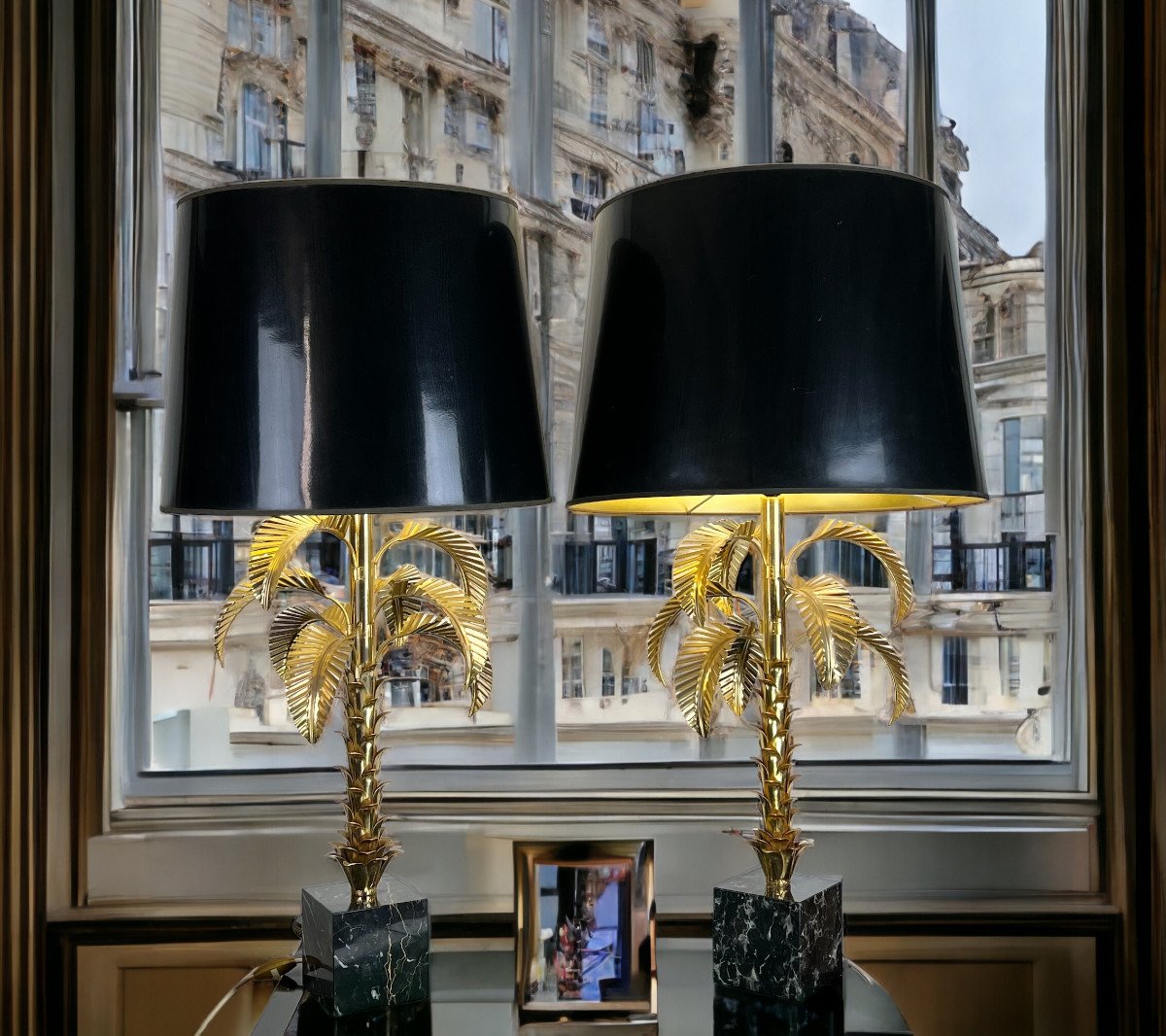 Paire De Lampes " Palmiers " En Metal Doré Et Socle En Marbre De 97 Cm De Haut-photo-2