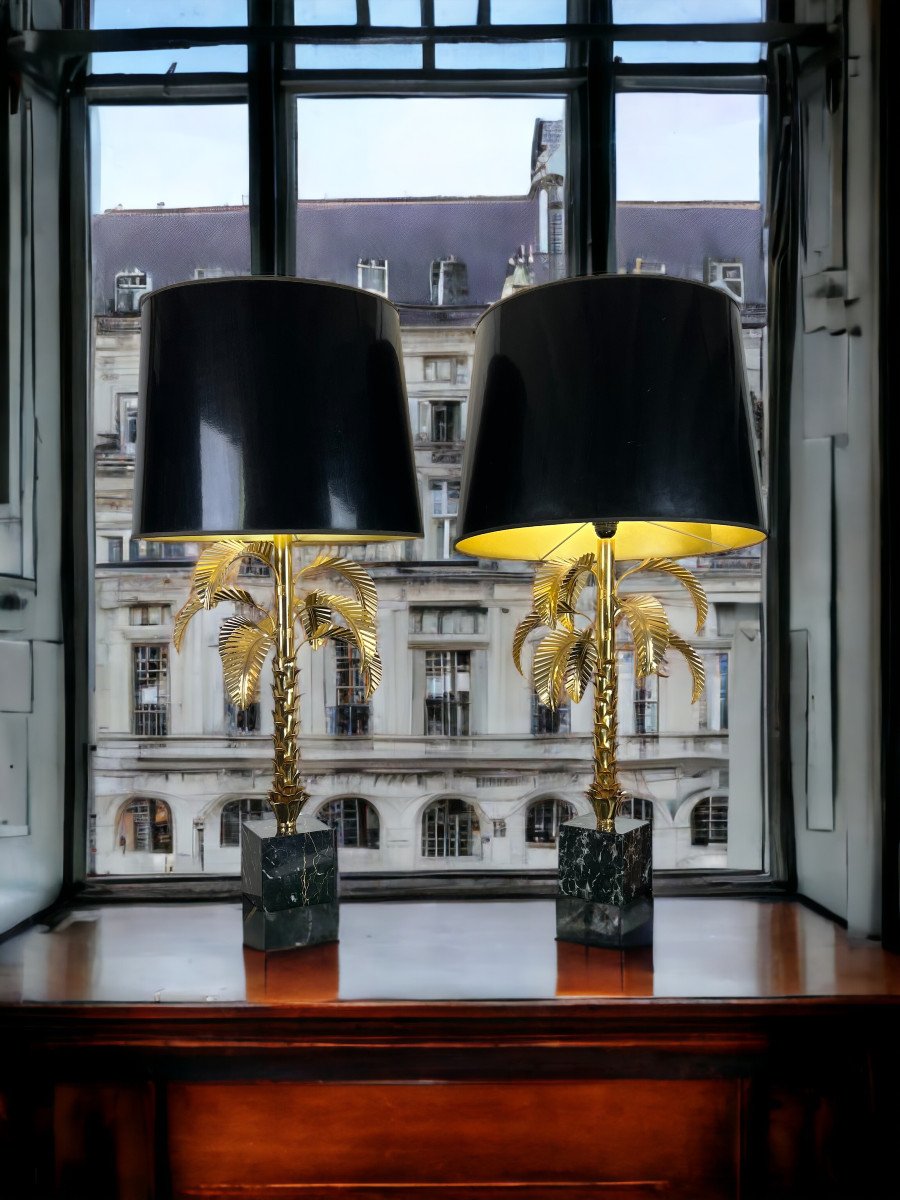 Paire De Lampes " Palmiers " En Metal Doré Et Socle En Marbre De 97 Cm De Haut-photo-3