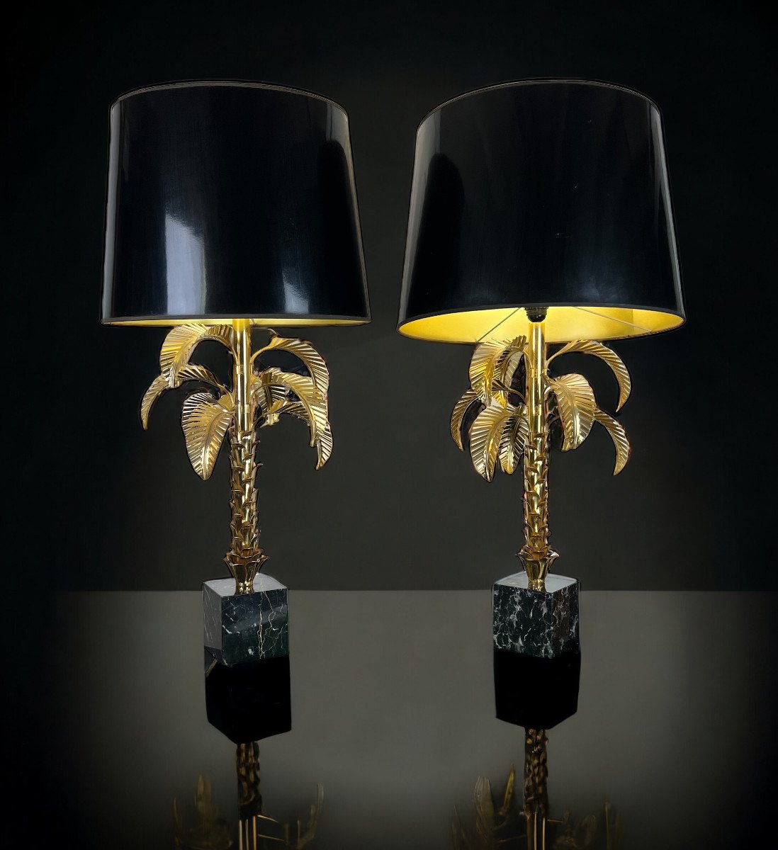 Paire De Lampes " Palmiers " En Metal Doré Et Socle En Marbre De 97 Cm De Haut-photo-4