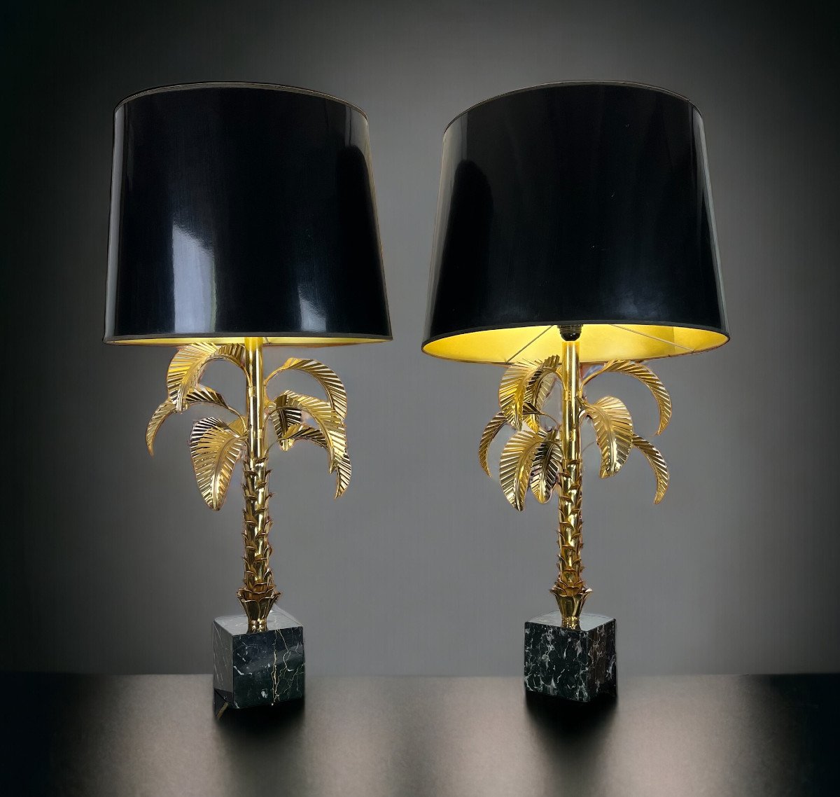 Paire De Lampes " Palmiers " En Metal Doré Et Socle En Marbre De 97 Cm De Haut-photo-1