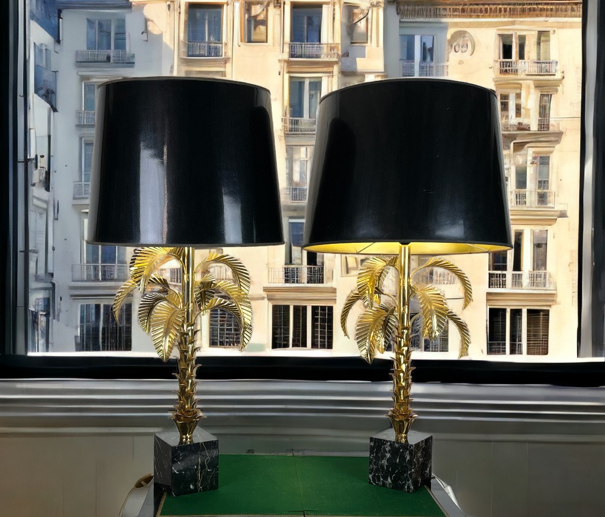 Paire De Lampes " Palmiers " En Metal Doré Et Socle En Marbre De 97 Cm De Haut-photo-7
