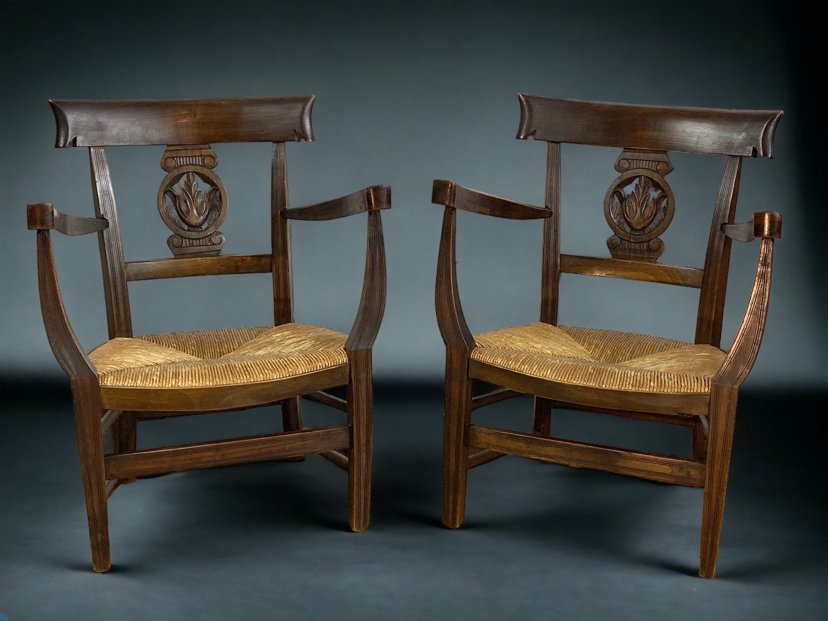 Paire De Fauteuils D Enfants Anciens De Style Directoire En Noyer Année 1900 -photo-2