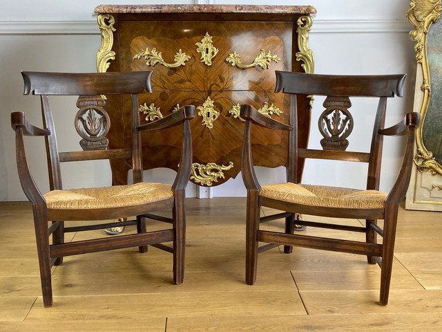 Paire De Fauteuils D Enfants Anciens De Style Directoire En Noyer Année 1900 -photo-2