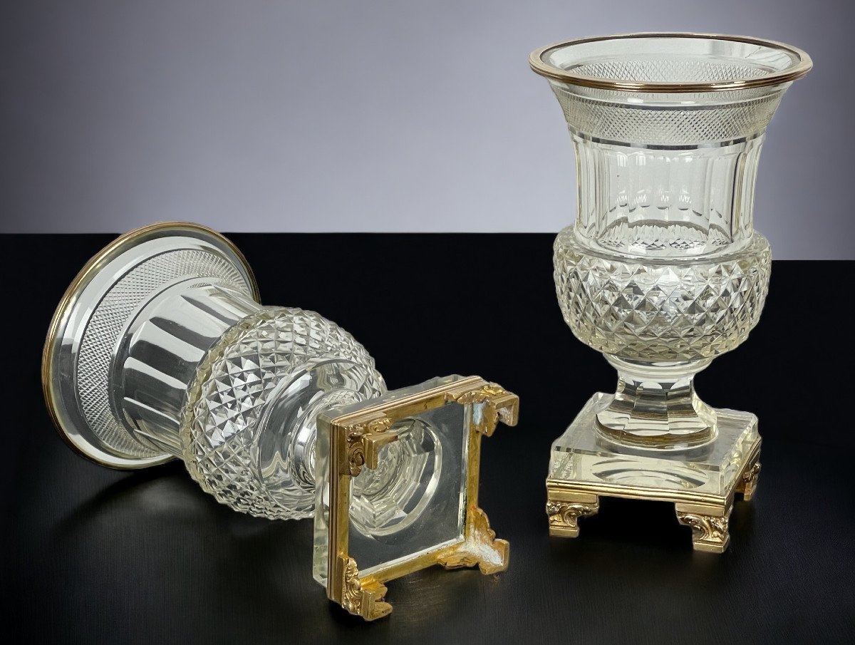 Pair Of Antique Baccarat Vases From The 19th Century Medicis Shape In Cut Crystal-photo-4