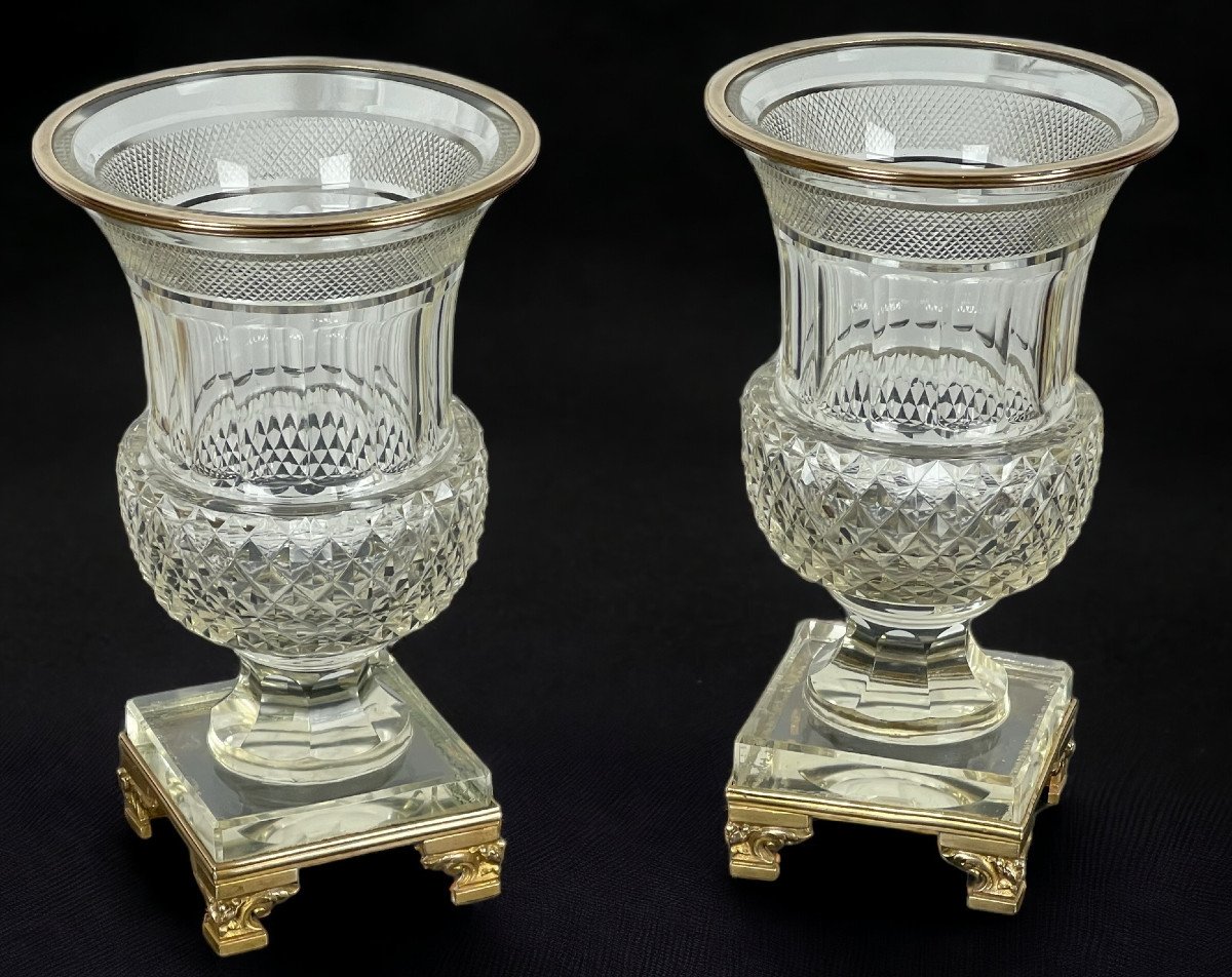 Pair Of Antique Baccarat Vases From The 19th Century Medicis Shape In Cut Crystal-photo-7