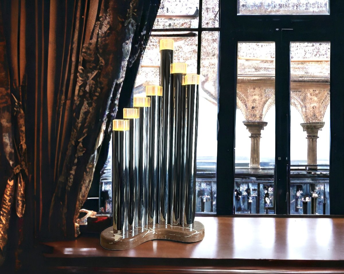 Large Organ Lamp By Gaetano Sciolari From The 70s In Chromed Metal And Marble-photo-3