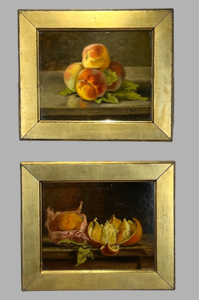 Pair Of Paintings /oils On Cardboard /signed J.guerin "still Life With Fruits-photo-2