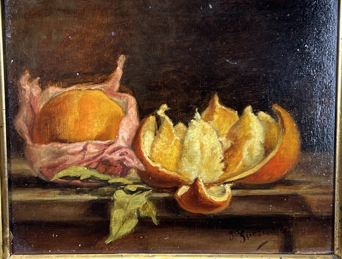 Paire De Tableaux /huiles Sur Carton /signée J.guerin " Nature Morte Aux Fruits-photo-1