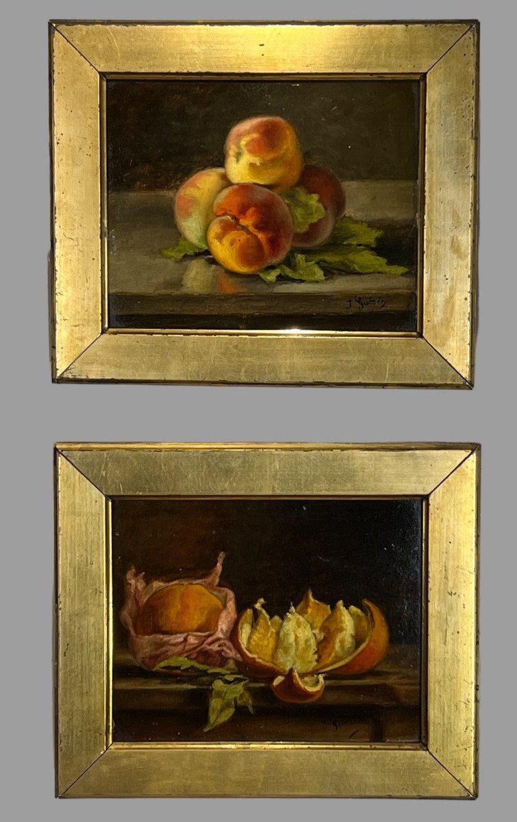 Pair Of Paintings /oils On Cardboard /signed J.guerin "still Life With Fruits-photo-5
