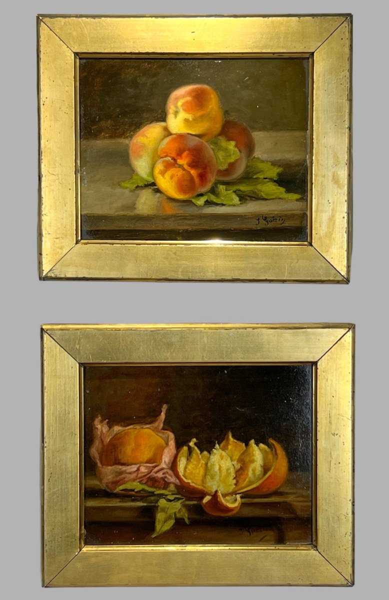 Pair Of Paintings /oils On Cardboard /signed J.guerin "still Life With Fruits