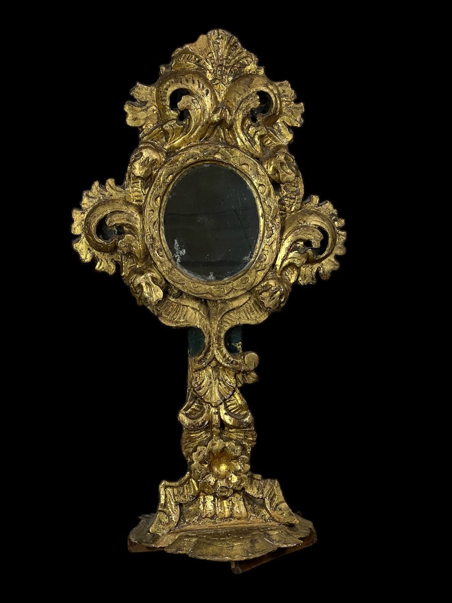 Reliquary / Monstrance 18th Century In Golden Wood With Mercury Mirror 49 Cm H-photo-2