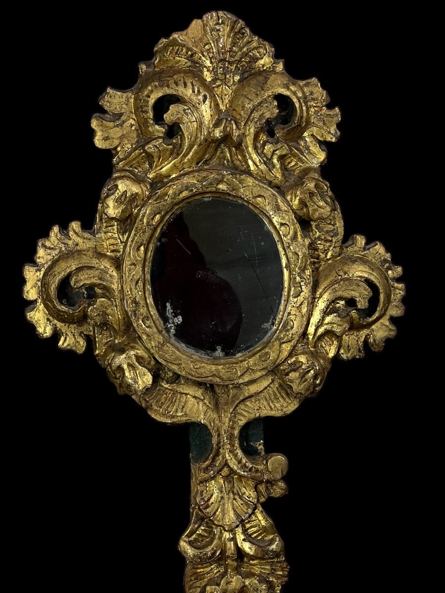 Reliquary / Monstrance 18th Century In Golden Wood With Mercury Mirror 49 Cm H-photo-3