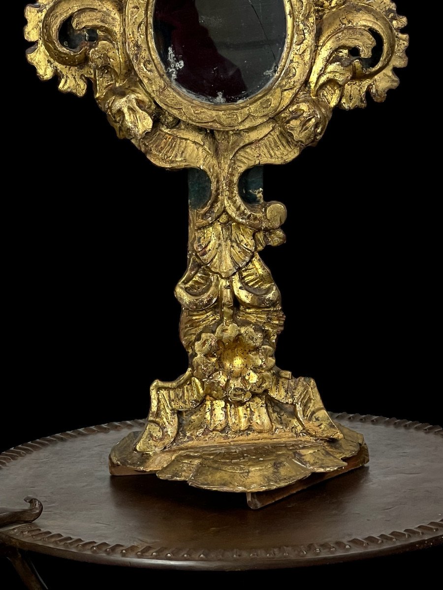 Reliquary / Monstrance 18th Century In Golden Wood With Mercury Mirror 49 Cm H-photo-4