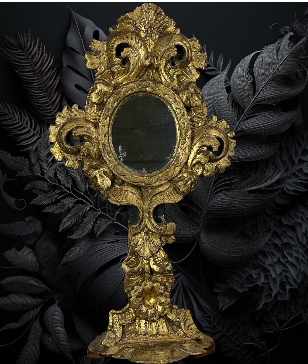Reliquary / Monstrance 18th Century In Golden Wood With Mercury Mirror 49 Cm H-photo-5