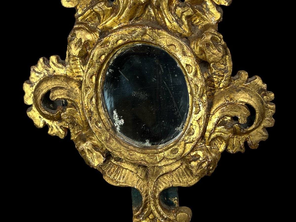 Reliquary / Monstrance 18th Century In Golden Wood With Mercury Mirror 49 Cm H-photo-7