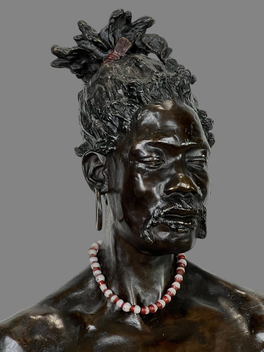 Arthur Strasser 1854/1927 Bust Of Songhai Warrior In Patinated Bronze On Marble-photo-2