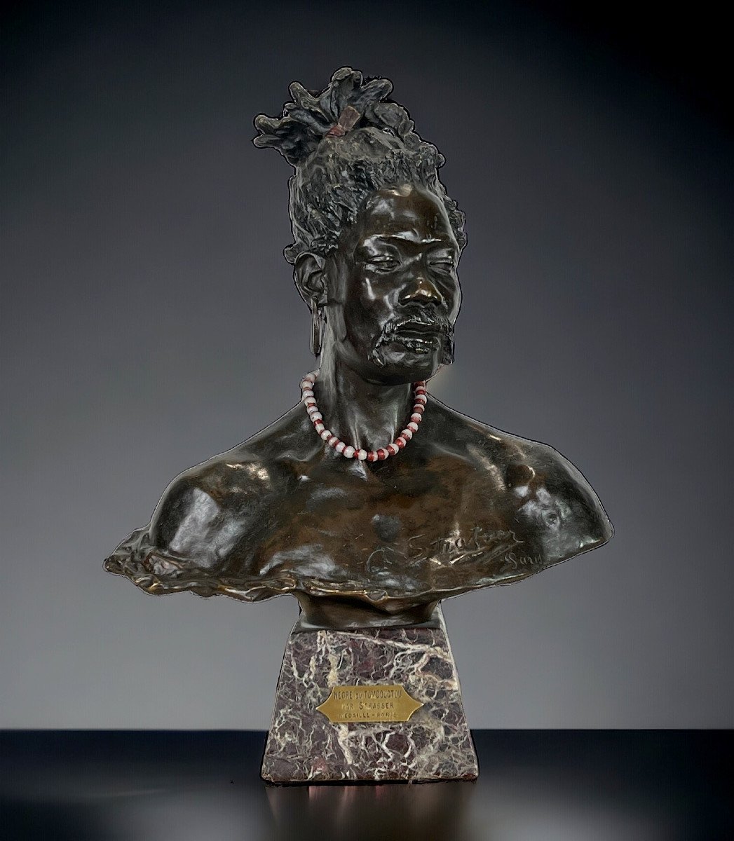Arthur Strasser 1854/1927 Bust Of Songhai Warrior In Patinated Bronze On Marble