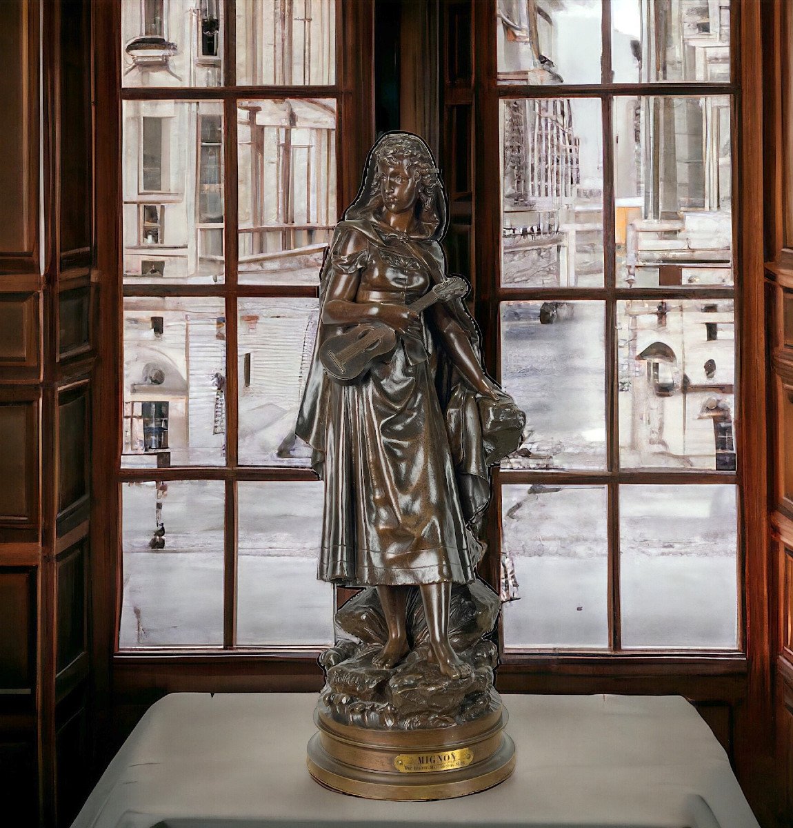 Sculpture / Femme A La Mandoline En Bronze Patiné Signé Eutrope Bouret 1833-1906-photo-2