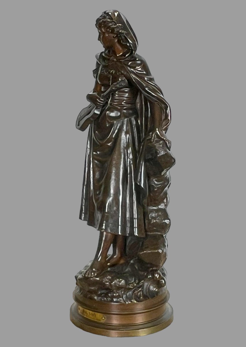 Sculpture / Femme A La Mandoline En Bronze Patiné Signé Eutrope Bouret 1833-1906-photo-4