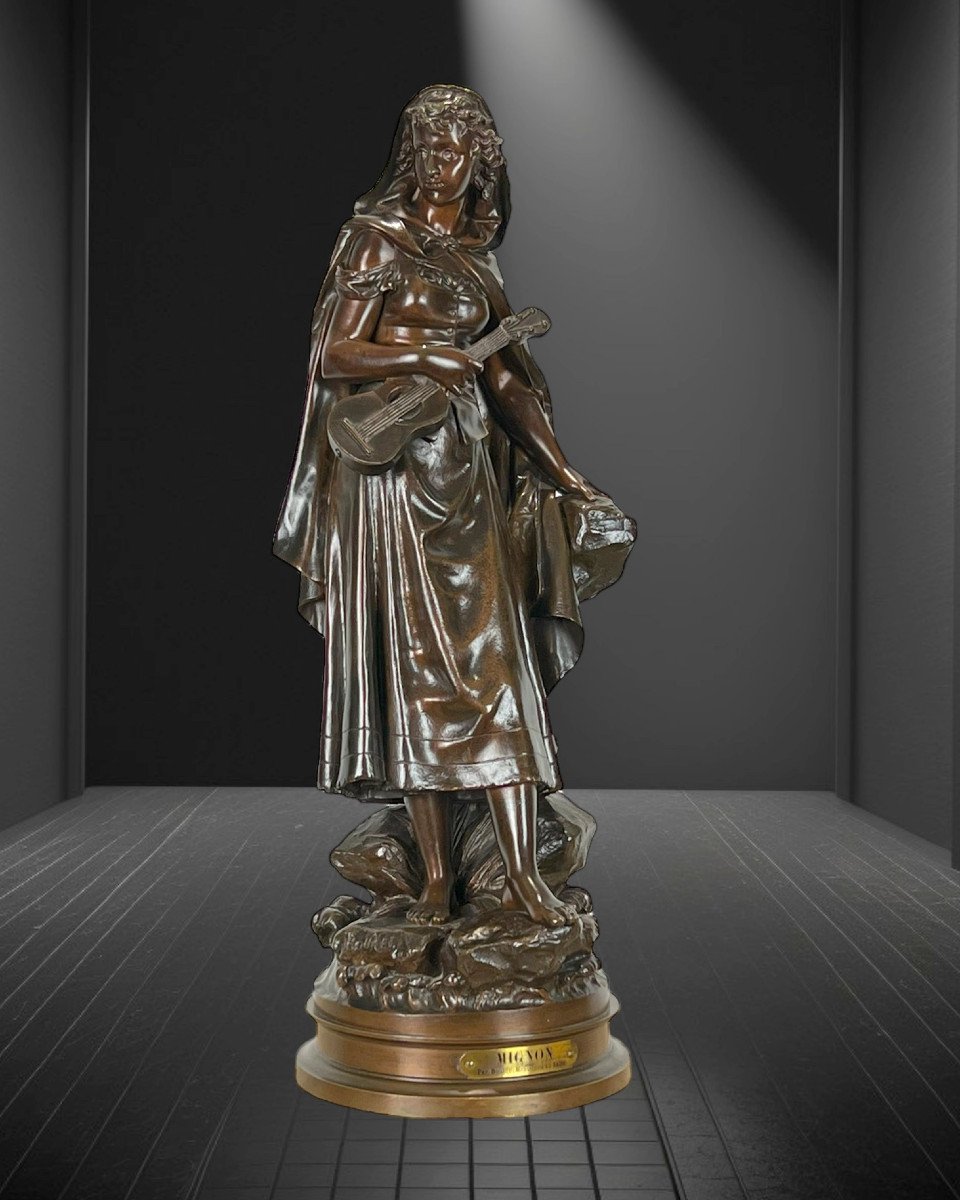 Sculpture / Femme A La Mandoline En Bronze Patiné Signé Eutrope Bouret 1833-1906-photo-4