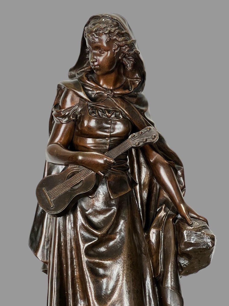 Sculpture / Femme A La Mandoline En Bronze Patiné Signé Eutrope Bouret 1833-1906-photo-6