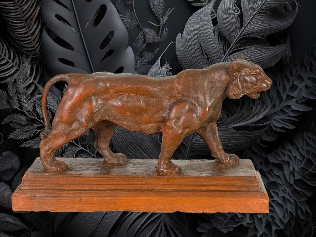 Ancient Terracotta Sculpture Representing A Walking Lioness Signed "bary"-photo-2