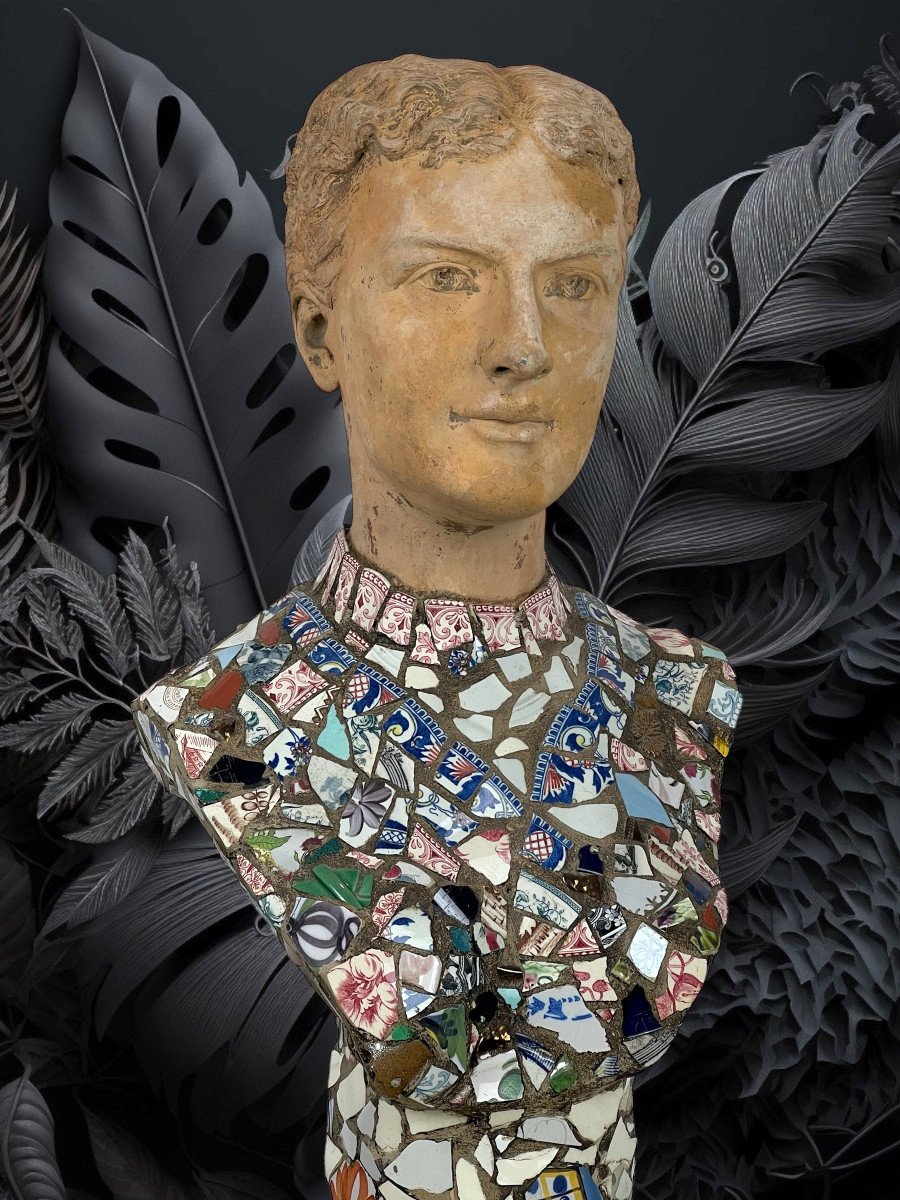 Buste Colonne Recouvert d'Eclats De Mosaïque En Pique Assiettes "tête Féminine "-photo-7