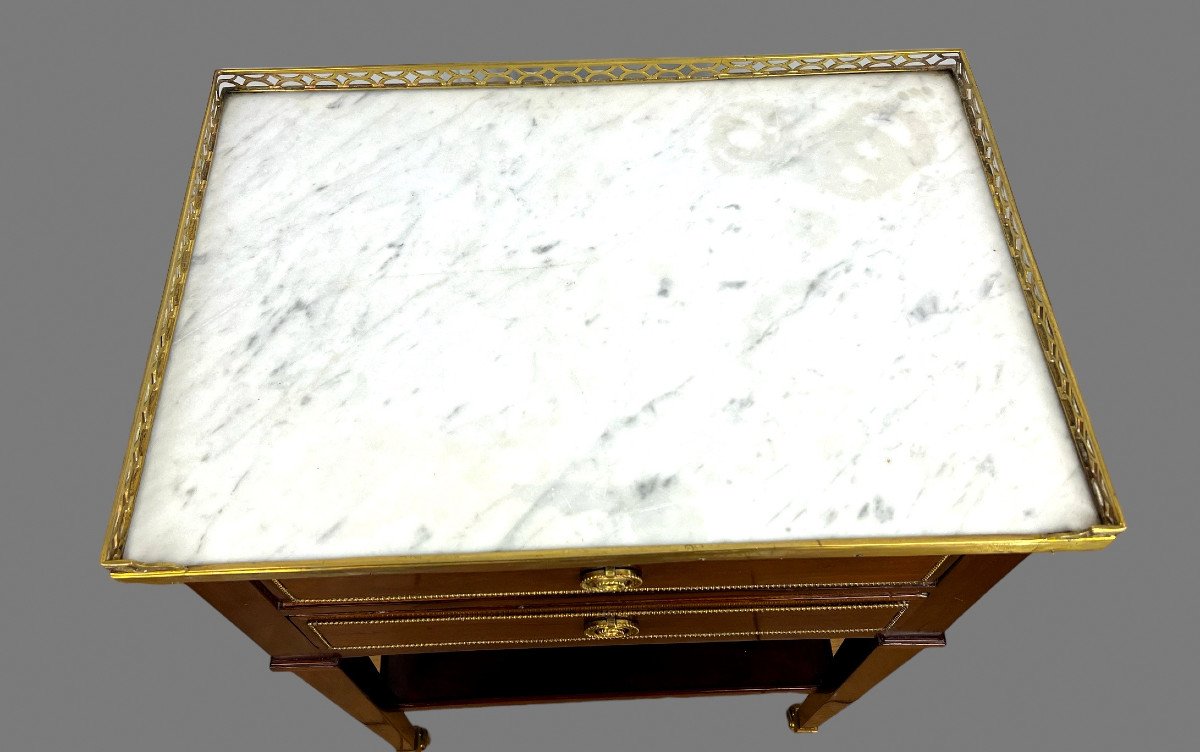 Table De Salon XVIIIe époque Louis XVI En Acajou Avec Dessus Marbre Blanc-photo-8