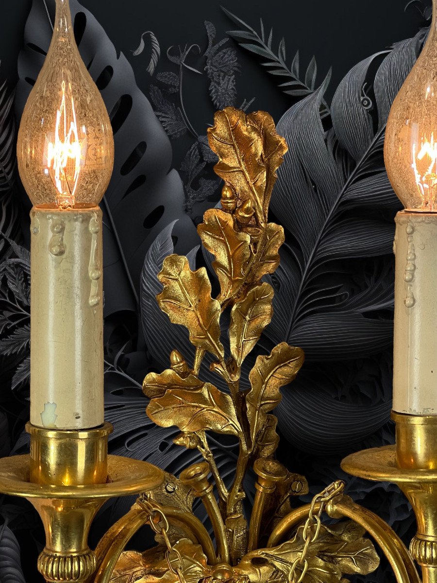 Set Of 3 Wall Lamps With 2 Lights In Gilt Bronze With Hunting Horn Decor-photo-6