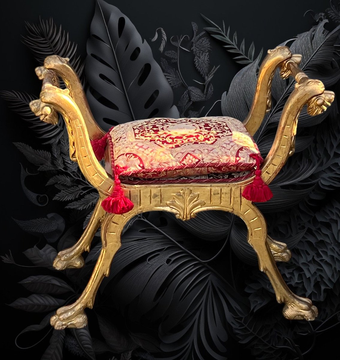 Pair Of 19th Century Italian Curule Stools In Carved And Gilded Wood With Its Cushions -photo-4