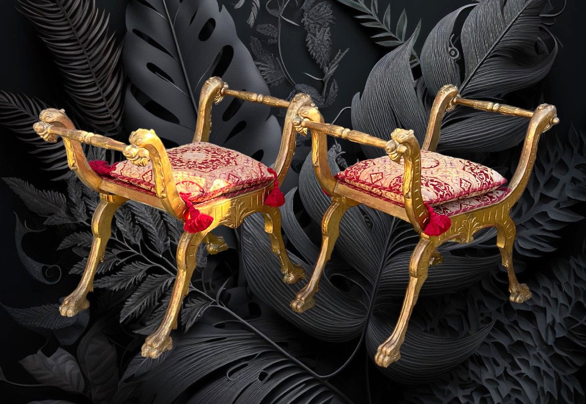 Pair Of 19th Century Italian Curule Stools In Carved And Gilded Wood With Its Cushions -photo-3