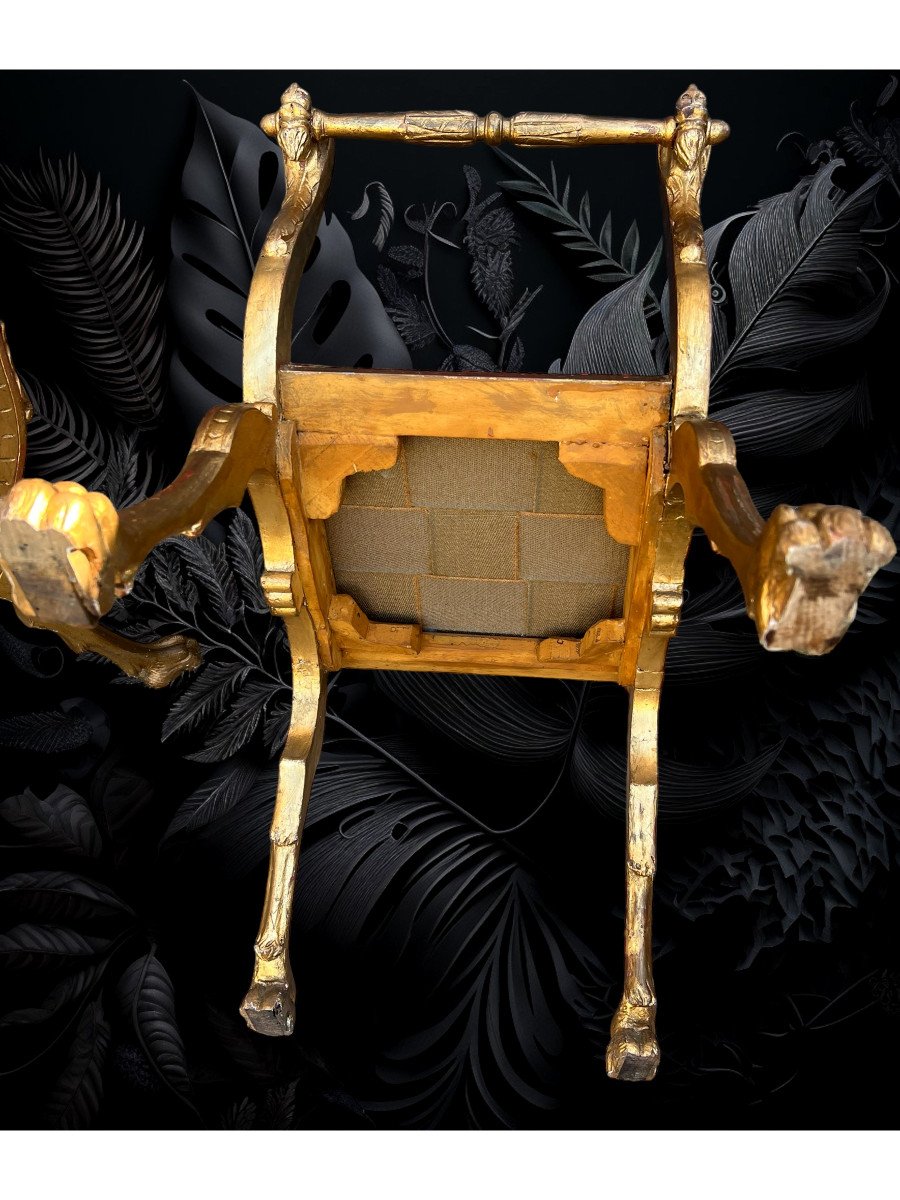 Pair Of 19th Century Italian Curule Stools In Carved And Gilded Wood With Its Cushions -photo-6