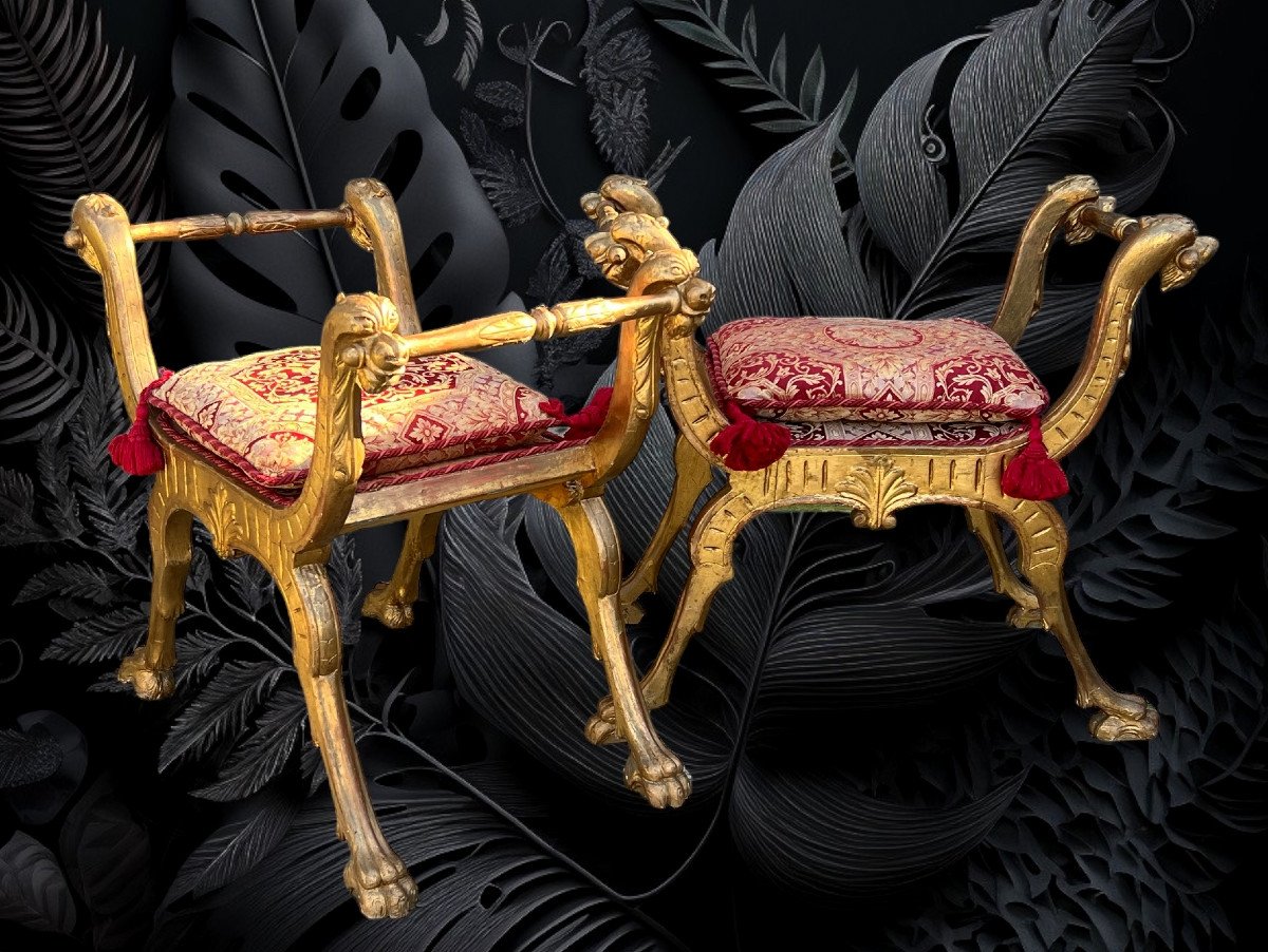 Pair Of 19th Century Italian Curule Stools In Carved And Gilded Wood With Its Cushions -photo-7