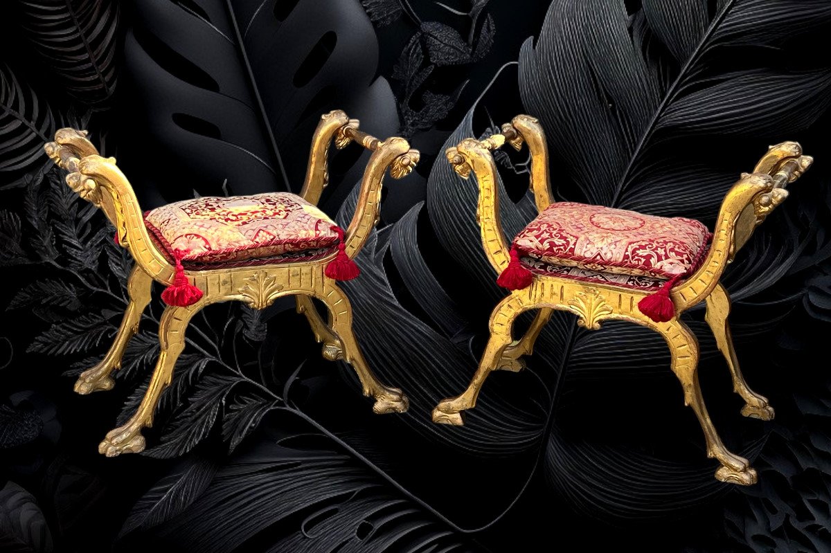 Pair Of 19th Century Italian Curule Stools In Carved And Gilded Wood With Its Cushions 