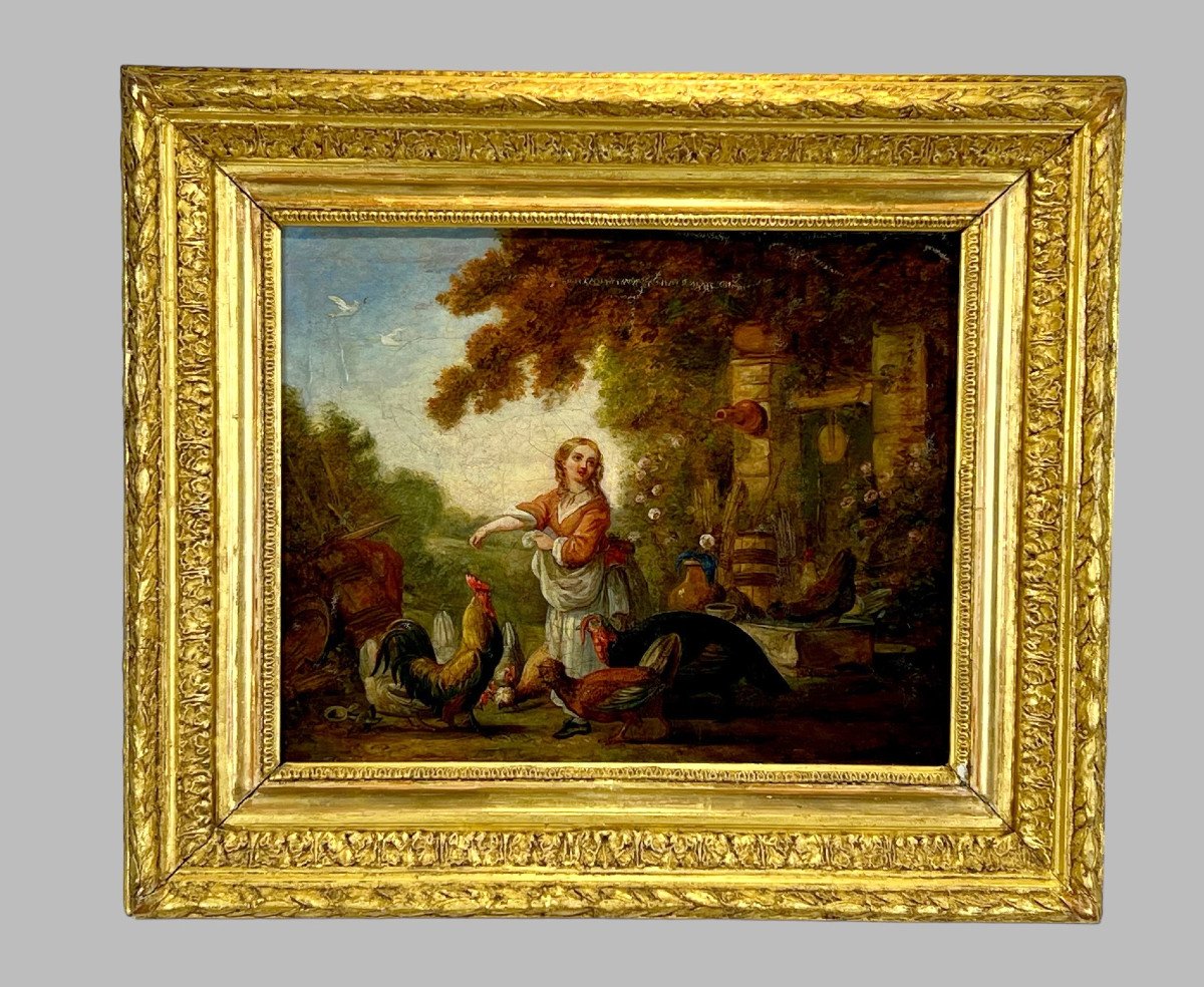 Tableau /peinture Du XVIIIe / Huile Sur Toile ( Rentoilée ) " La Basse Cour "-photo-2