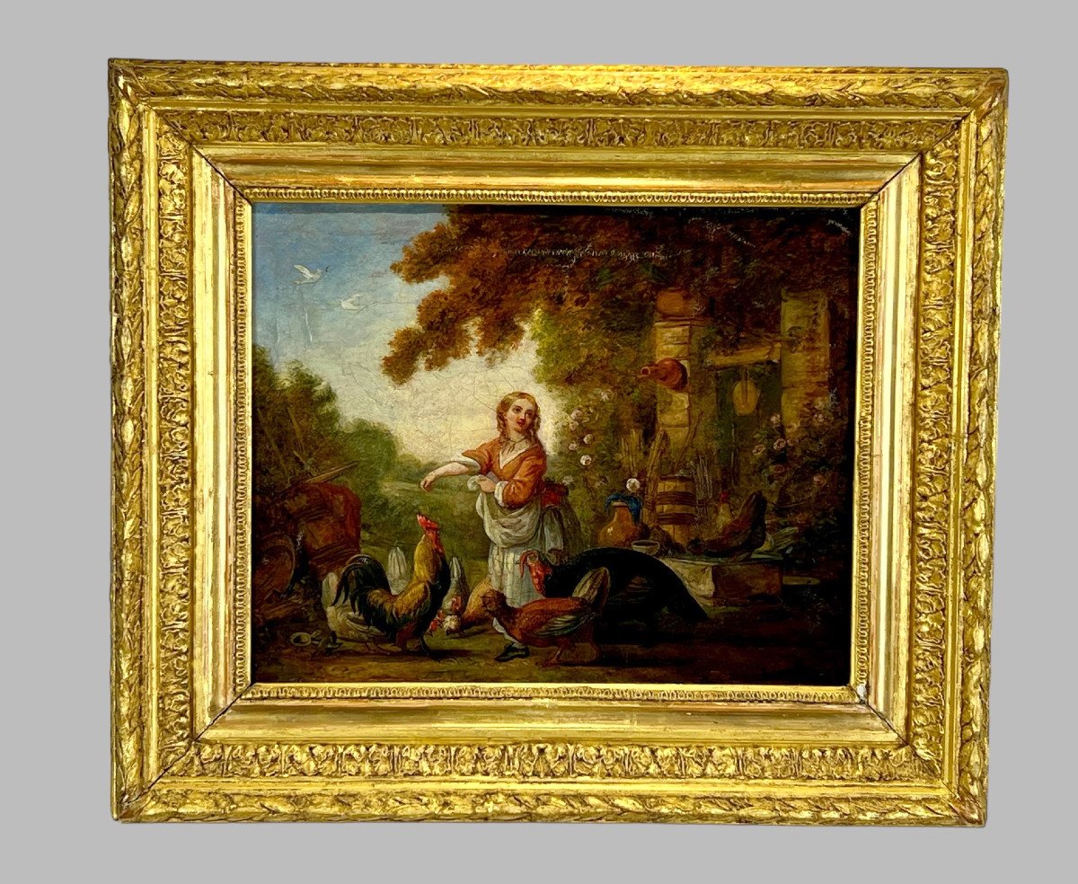 18th Century Table/painting/oil On Canvas (relined) “the Basse Cour”-photo-2
