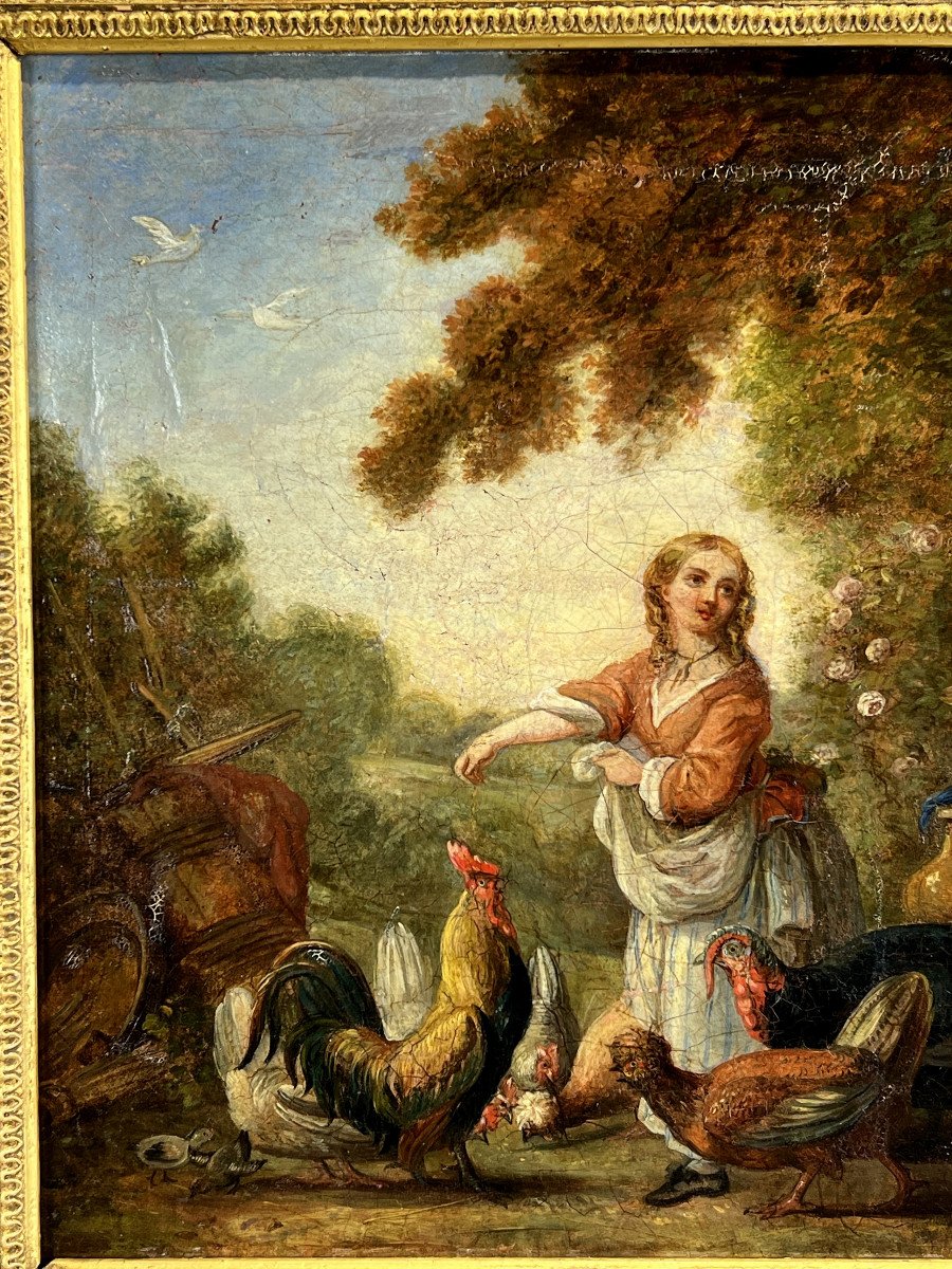 18th Century Table/painting/oil On Canvas (relined) “the Basse Cour”-photo-1