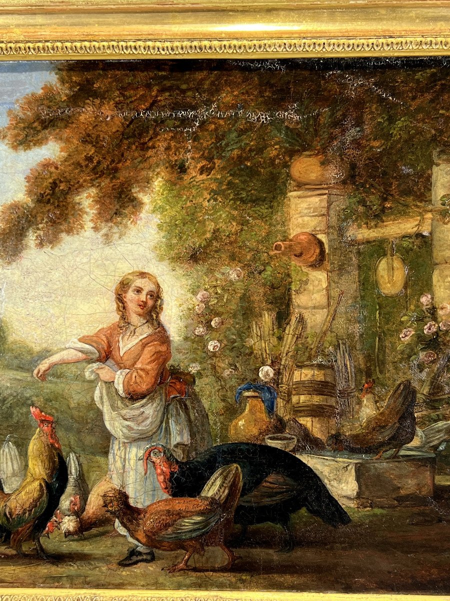 18th Century Table/painting/oil On Canvas (relined) “the Basse Cour”-photo-2