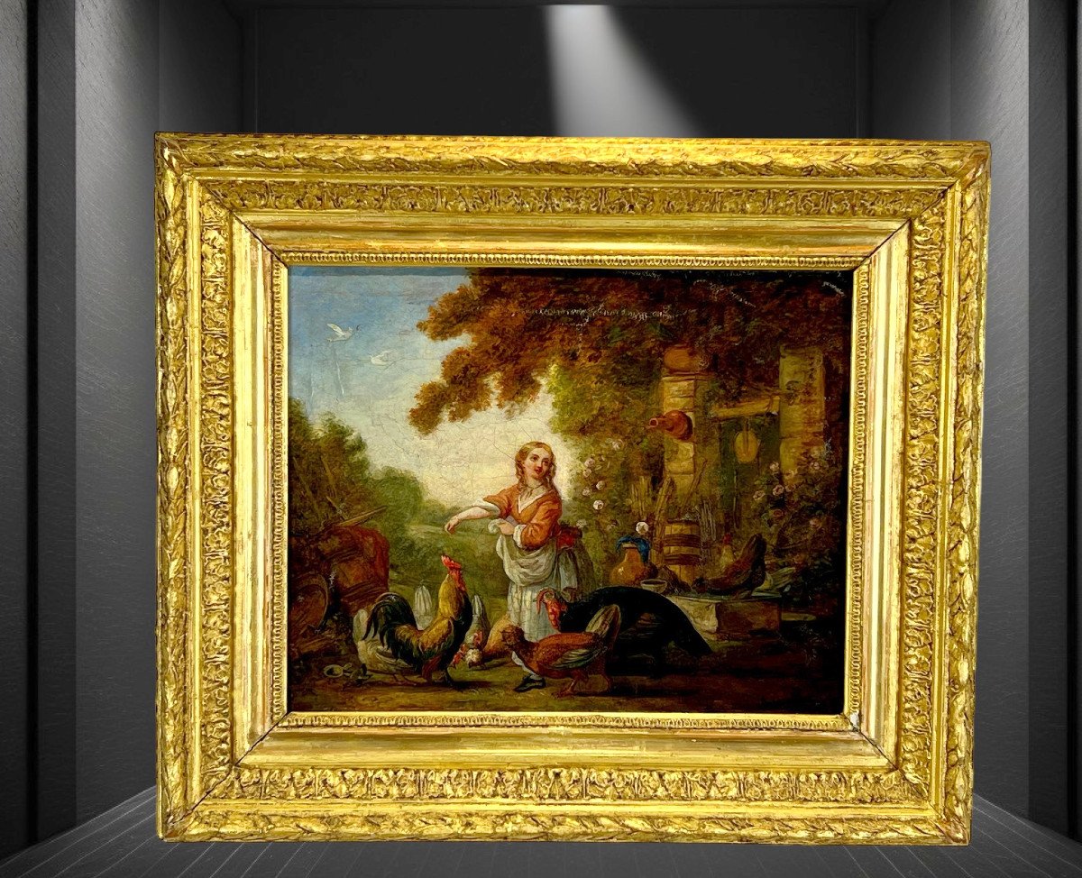 Tableau /peinture Du XVIIIe / Huile Sur Toile ( Rentoilée ) " La Basse Cour "