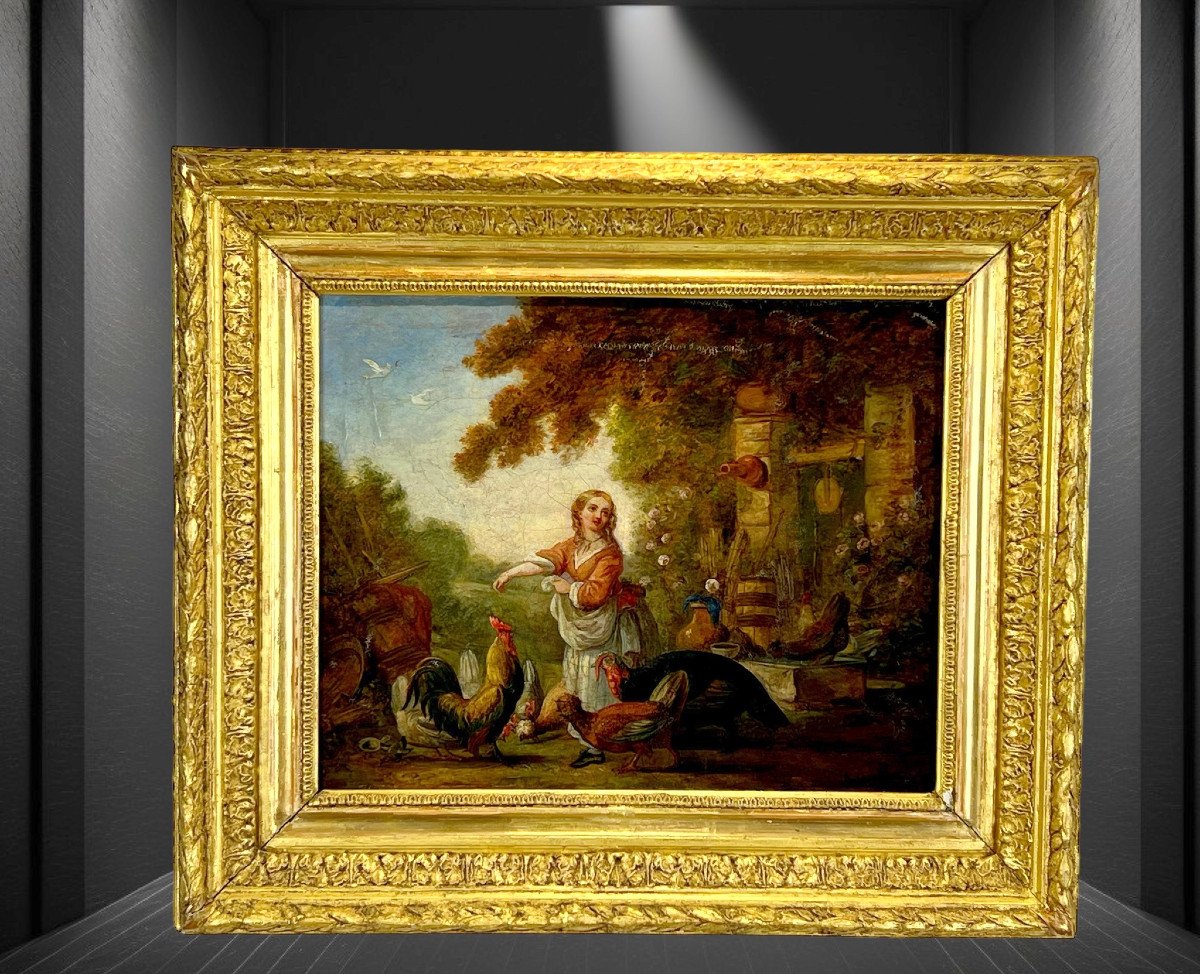 18th Century Table/painting/oil On Canvas (relined) “the Basse Cour”