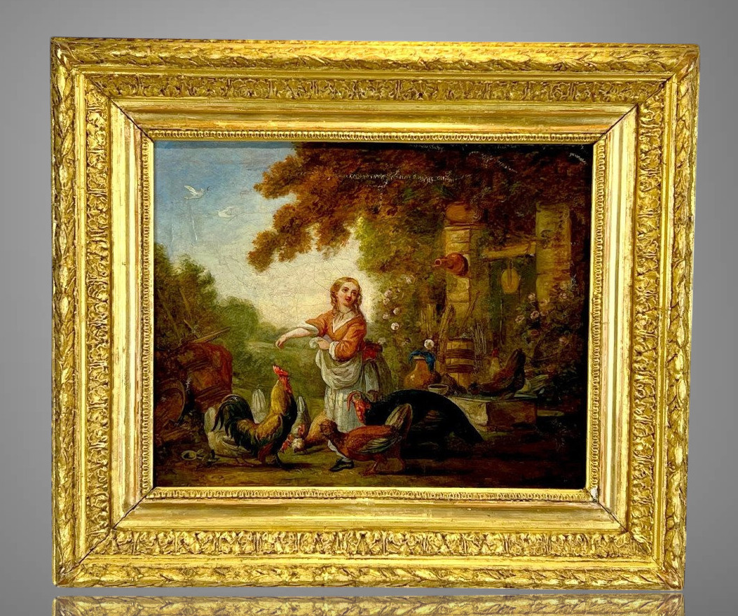 Tableau /peinture Du XVIIIe / Huile Sur Toile ( Rentoilée ) " La Basse Cour "