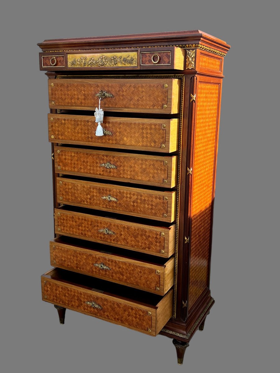 19th Century Louis XVI Style Weekly Diary In Cube Marquetry Decorated With Gilt Bronze-photo-4