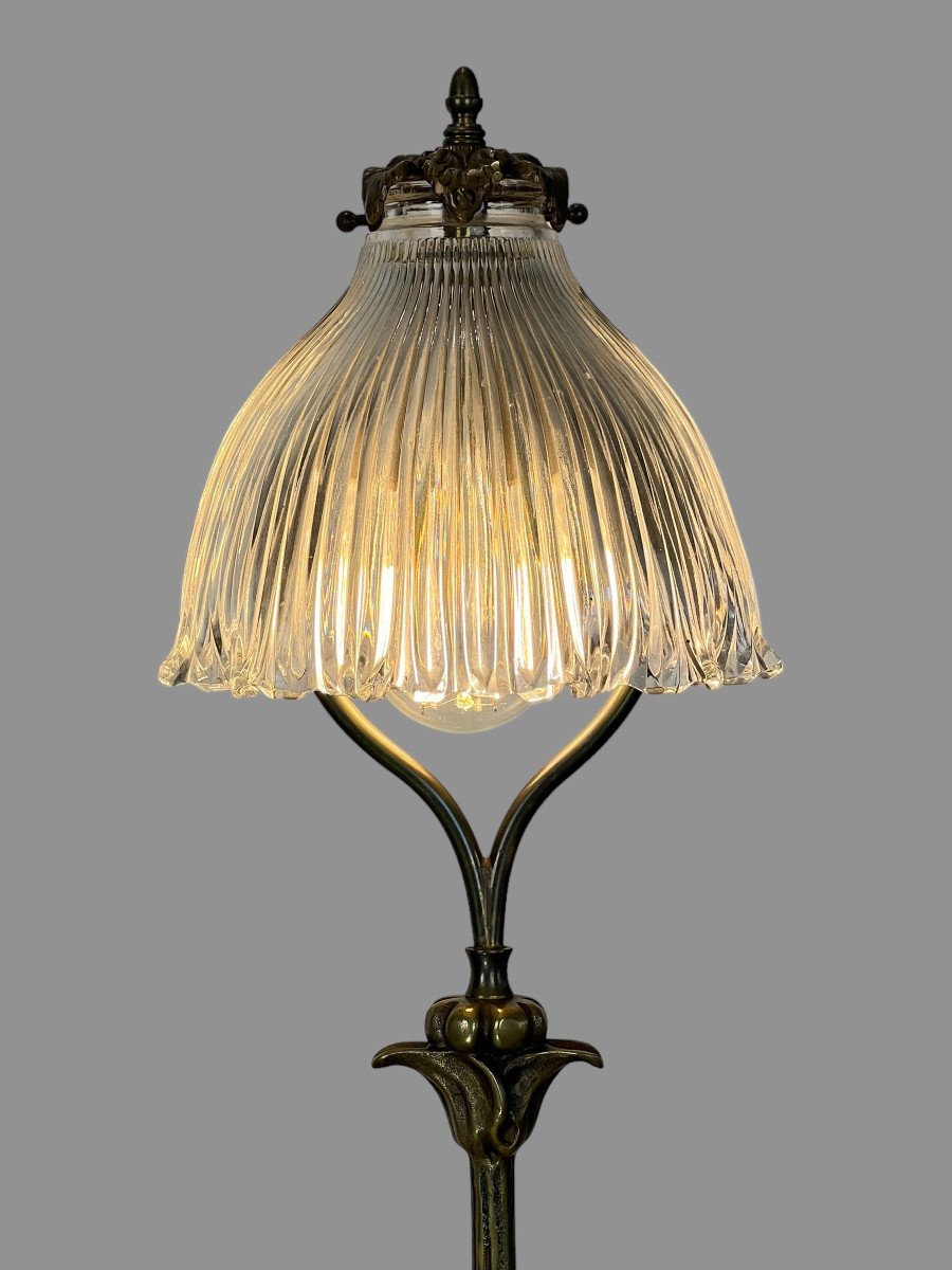 Art Nouveau Period Lamp / Patinated Bronze Base And Crystal Lampshade-photo-6