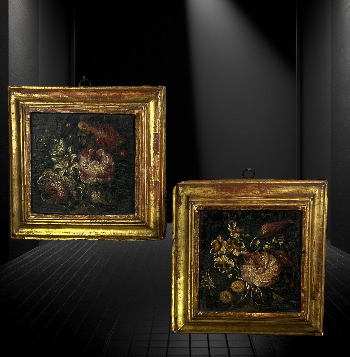 Pair Of 18th Century Paintings / Oils On Wooden Panels Representing Flowers-photo-2