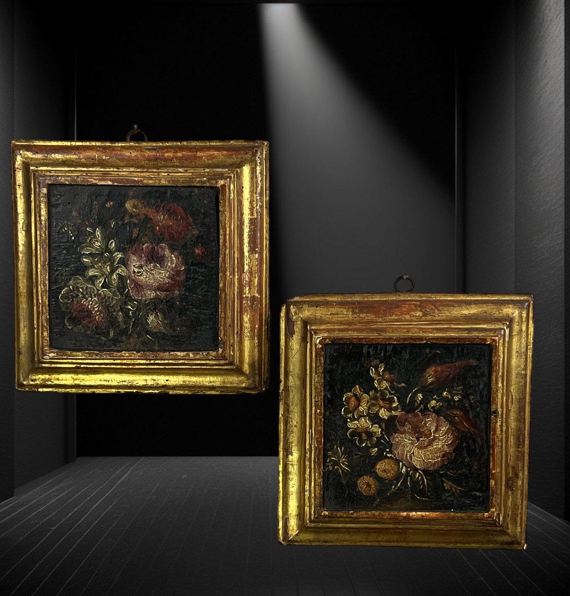 Pair Of 18th Century Paintings / Oils On Wooden Panels Representing Flowers-photo-3